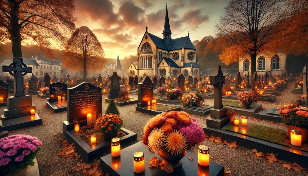 Lanternes Trauliicht et fleurs de Toussaint dans un cimetière au Luxembourg
