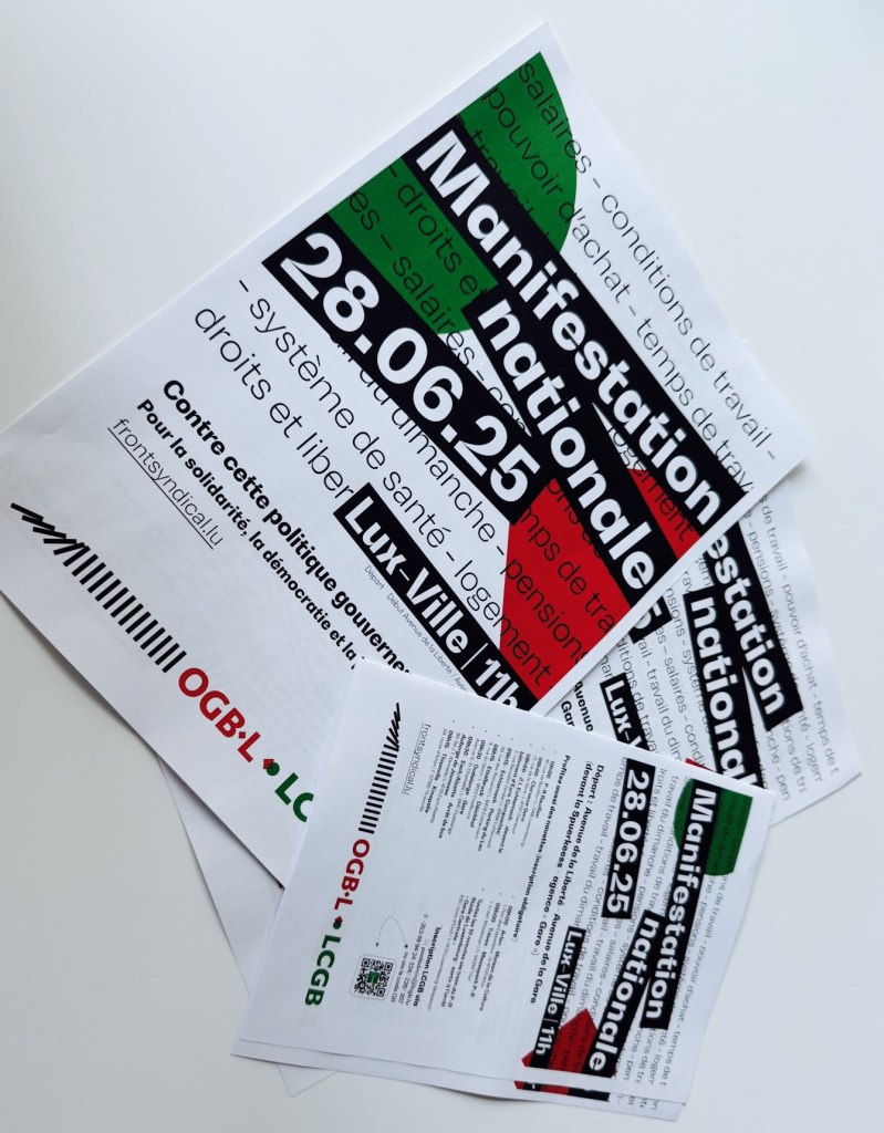 Front syndical LCGB, OGBL, ALEBA, pour la manifestation nationale du 28 juin 2025 au Luxembourg pour nos droits sociaux à la retraite !