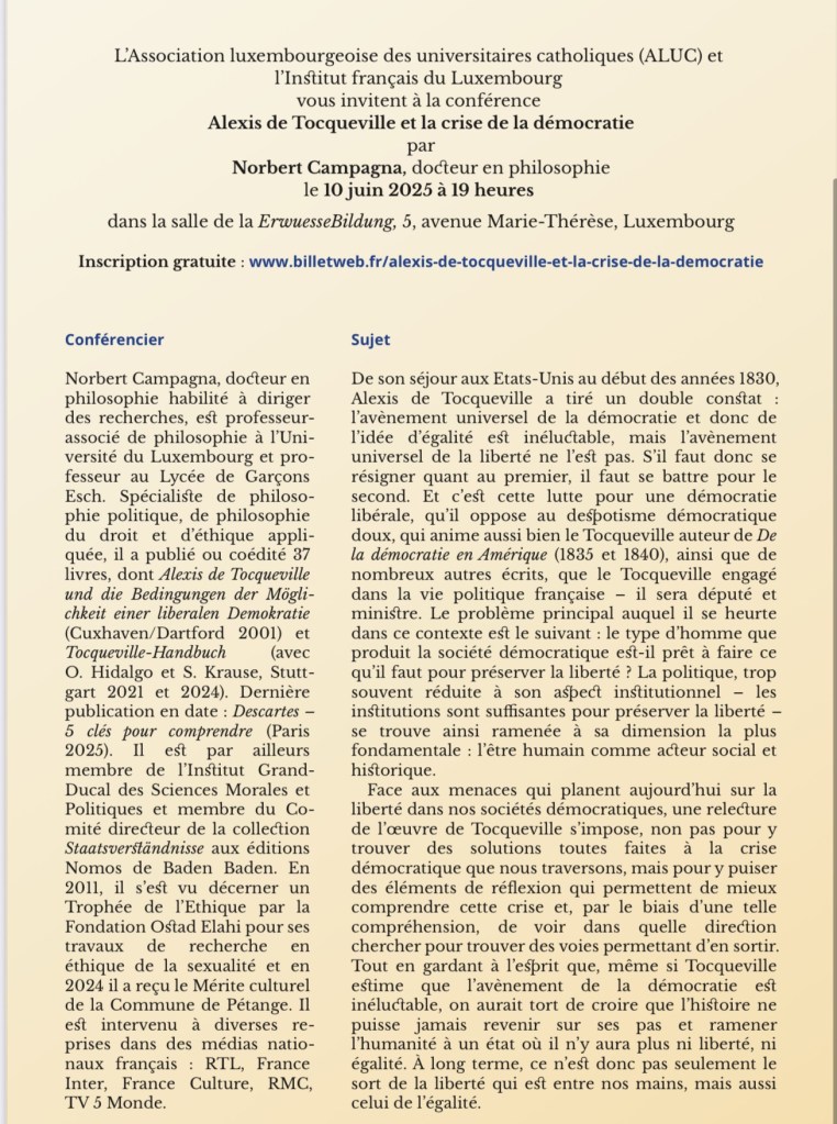 Alexis de Tocqueville et la crise de la démocratie : une conférence à Luxembourg pour éclairer notre époque