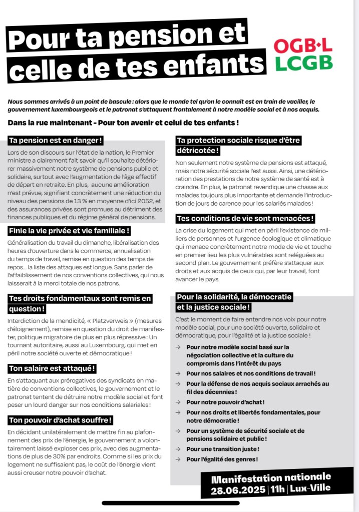 Front syndical LCGB, OGBL, ALEBA, pour la manifestation nationale du 28 juin 2025 au Luxembourg pour nos droits sociaux à la retraite !