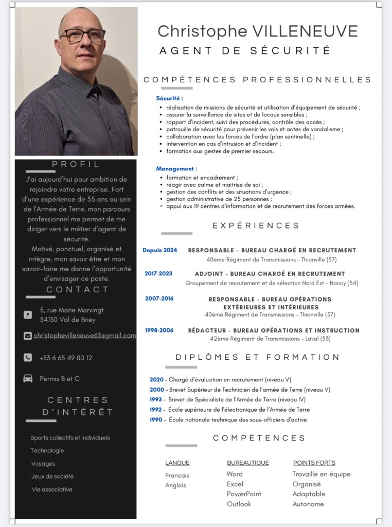 CV de Christophe VILLENEUVE / Sous-Officier supérieur (Militaire) - Polyvalent - agent de sécurité / 