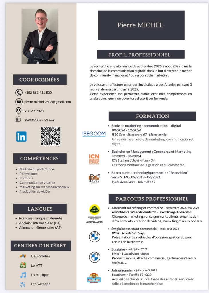 CV de Pierre MICHEL / Recherche stage de 12 à 24 mois alternance à partir de sept. 2025 / communication et marketing digital / La Communauté Française en recherche d’opportunités