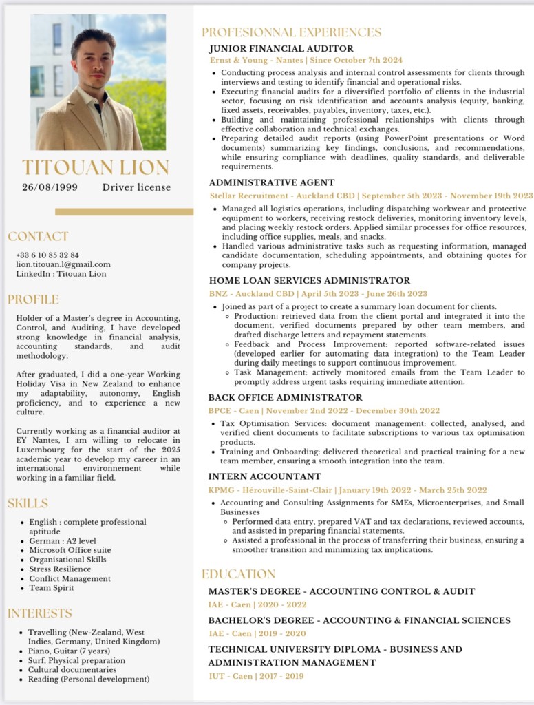 CV de Titouan Lion / Auditeur Financier Junior / La Communauté Française en recherche d’opportunités