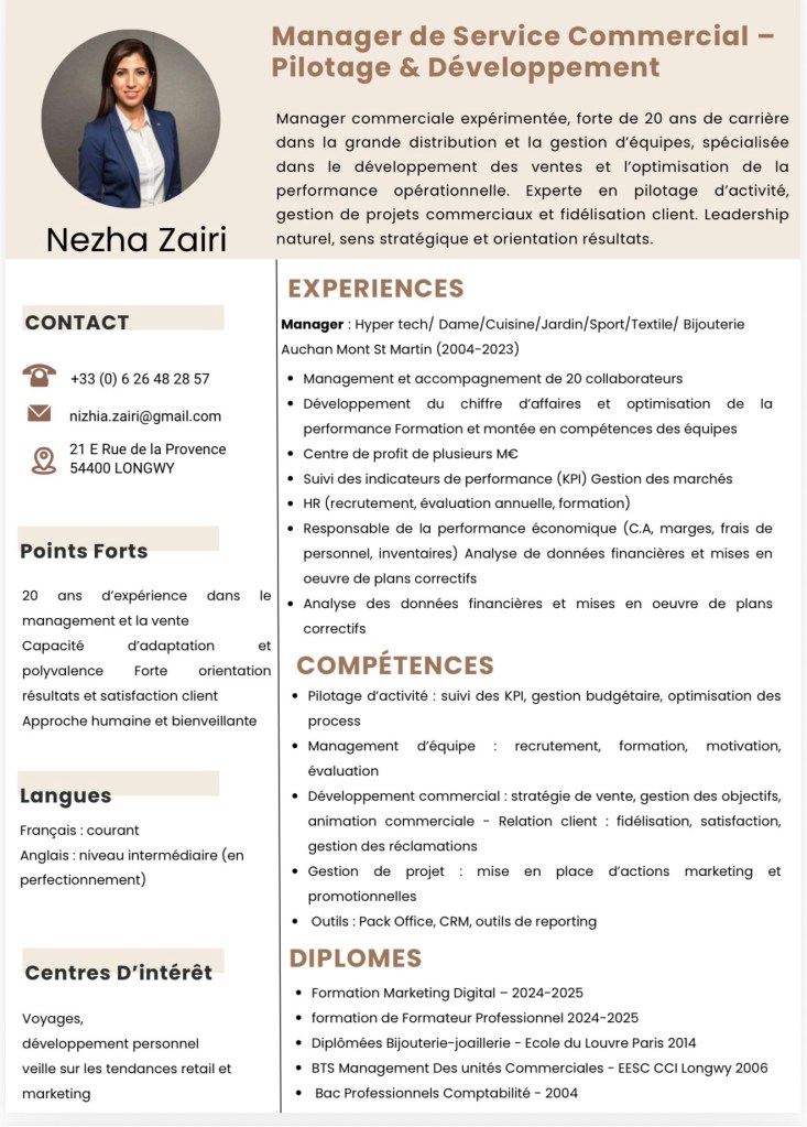 CV Nezha ZAIRI  / Manager de service commercial - Pilotage et Développement / Communauté Française en recherche d’opportunités au Luxembourg