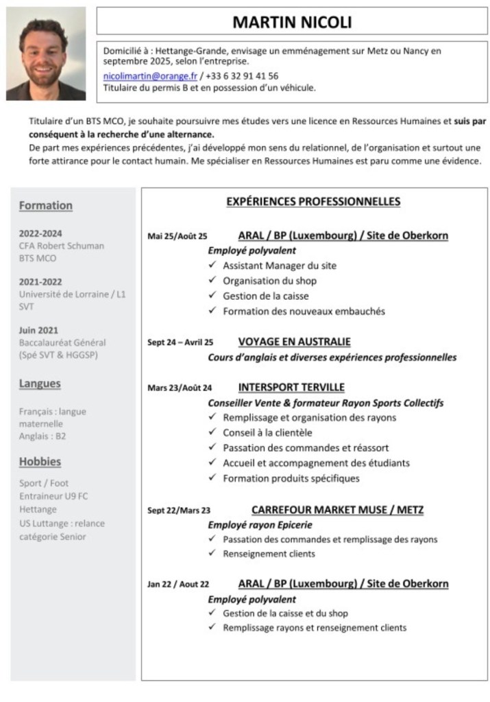 CV Martin NICOLI / Bachelor Ressources Humaines / recherche une Alternance / Communauté Française en recherche d’opportunités au Luxembourg