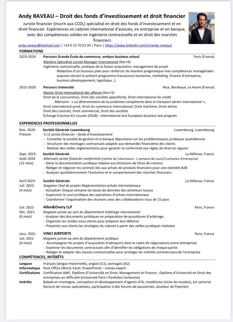 CV Andy RAVEAU / Juriste junior en droit fonds d'investissement et droit financier / Communauté Française en recherche d’opportunités au Luxembourg
