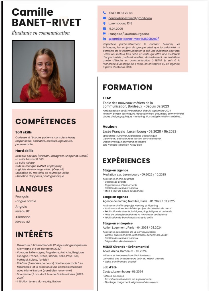 CV Camille Banet-Rivet / Recherche Stage de 4 mois en communication / Communauté Française en recherche d’opportunités au Luxembourg