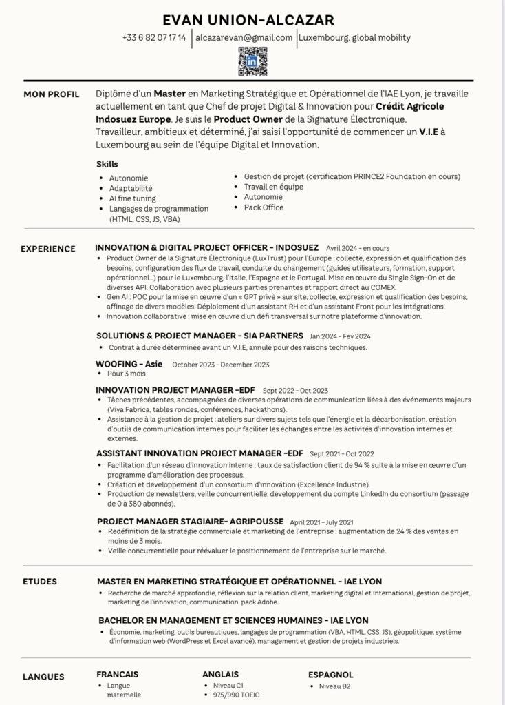 CV de Evan Union-Alcazar / Master en Marketing StratĂ©gique et OpĂ©rationnel / CommunautĂ© Française et V. I. E en recherche dâemploi au Luxembourg