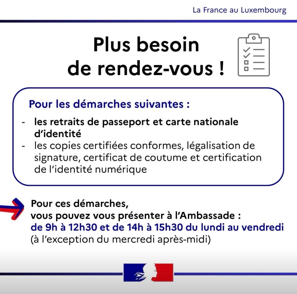 Ambassade de France et consulat au Luxembourg : certaines démarches sans rendez-vous !