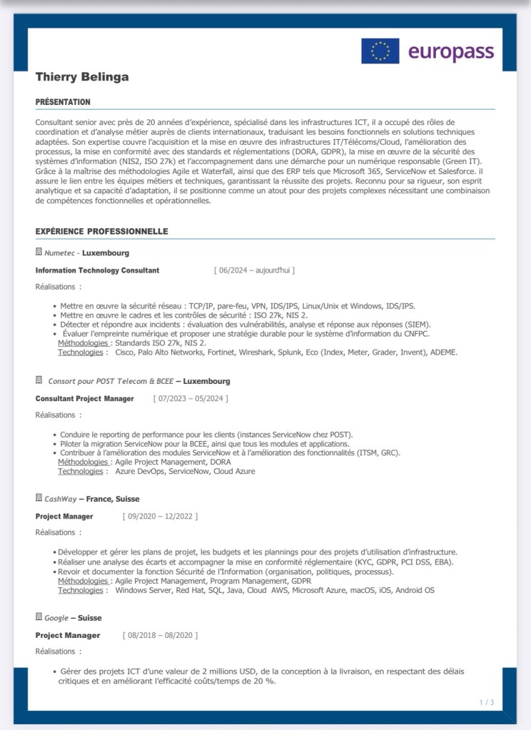  CV Thierry BELINGA - Ingénieur Réseaux & Télécoms, project manager, manager d'équipe, consultant technico-fonctionnel, infrastructures ICT, cybersécurité, GRC / recherche d’emploi au Luxembourg