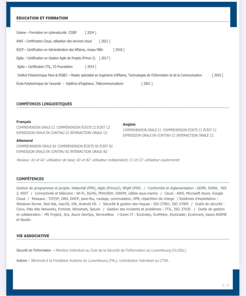  CV Thierry BELINGA - Ingénieur Réseaux & Télécoms, project manager, manager d'équipe, consultant technico-fonctionnel, infrastructures ICT, cybersécurité, GRC / recherche d’emploi au Luxembourg