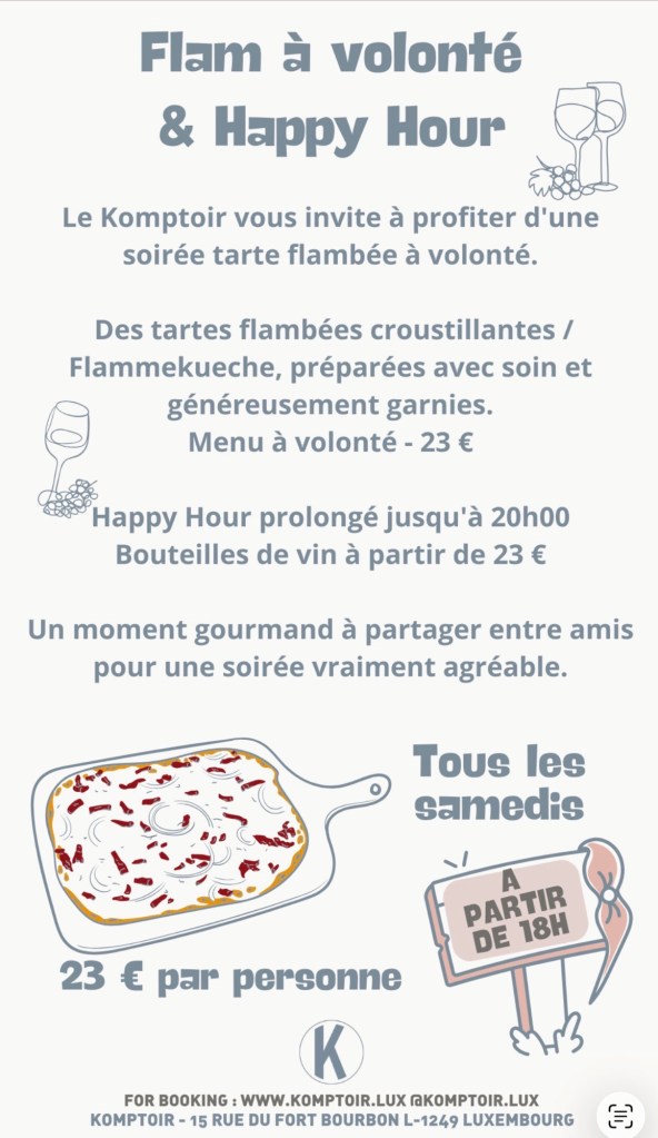 Flam à volonté & Happy Hour au Luxembourg : la soirée gourmande au « Komptoir » le samedi