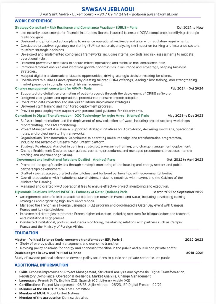 🇫🇷🤝🇱🇺 CV Sawsan JEBLAOUI / Compliance - DORA - conformité secteur financier / recherche d’emploi au Luxembourg