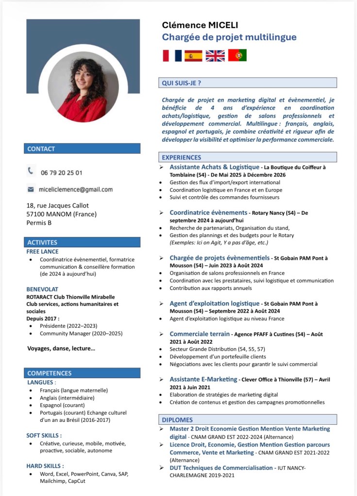 CV de Clémence MICELI / Chargée de projet en Marketing Digital et événementiel / coordination achats/Logistique