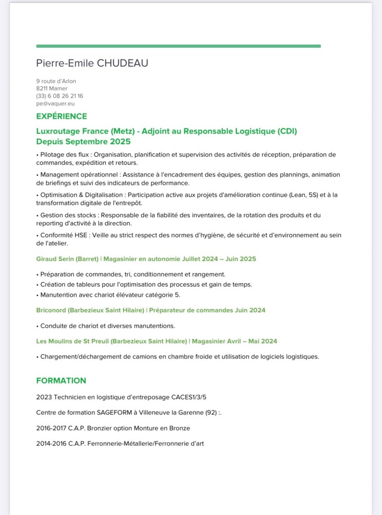 CV de Pierre-Emile CHUDEAU / Management opérationnel / Pilotage de flux / recherche d’emploi au Luxembourg