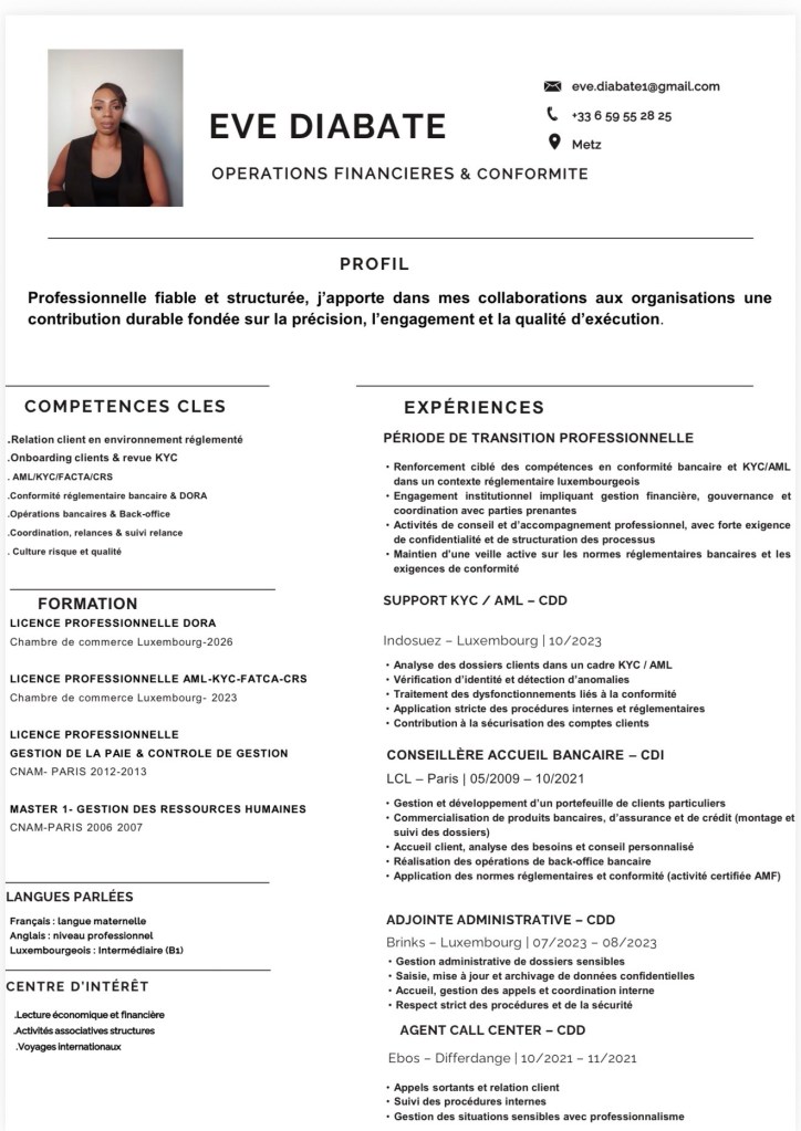 CV de Eve DIABATE / Opérations financières et conformité / recherche d’opportunité au Luxembourg