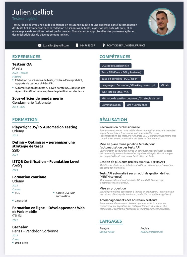 CV de Julien Galliot / informatique / testeur de logiciel / automatisation API / secteur Santé / Recherche emploi au Luxembourg