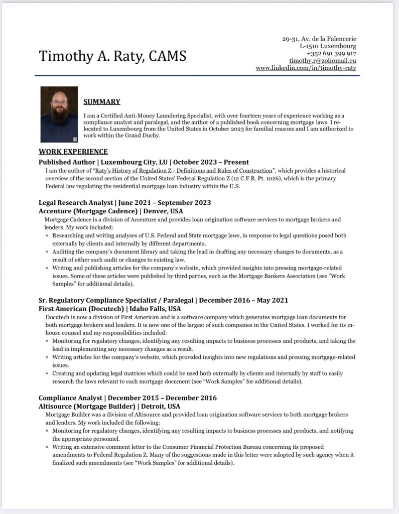 CV de Timothy RATY / Spécialiste AML/KYC / recherche d’emploi au Luxembourg …