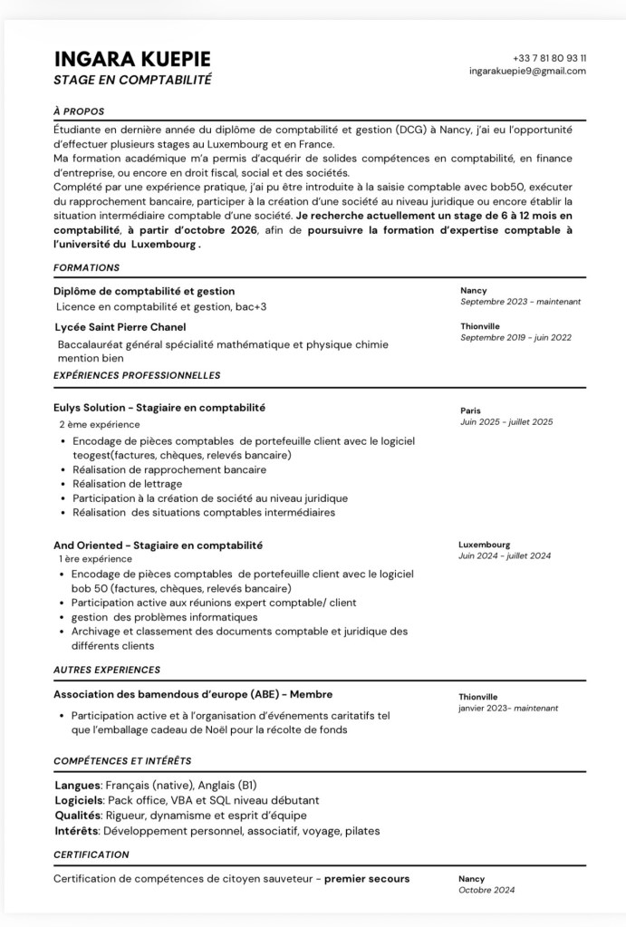 CV d’INGARA KUEPIE/ recherche de stage alterné de 6 à 12 mois à partir d’octobre 2026 dans le domaine de la comptabilité / 