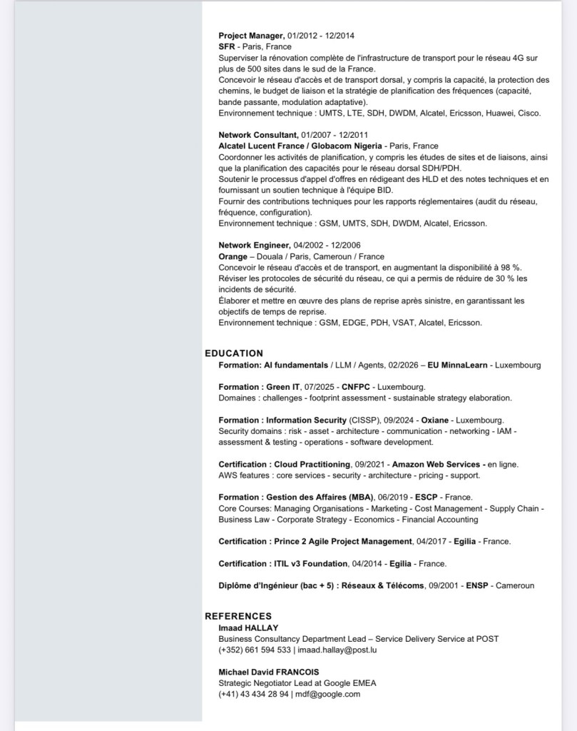 CV Thierry BELINGA - IngĂ©nieur RĂ©seaux & TĂ©lĂ©coms, project manager, manager d'Ă©quipe, consultant technico-fonctionnel, infrastructures ICT, cybersĂ©curitĂ©, GRC / recherche dâemploi au Luxembourg