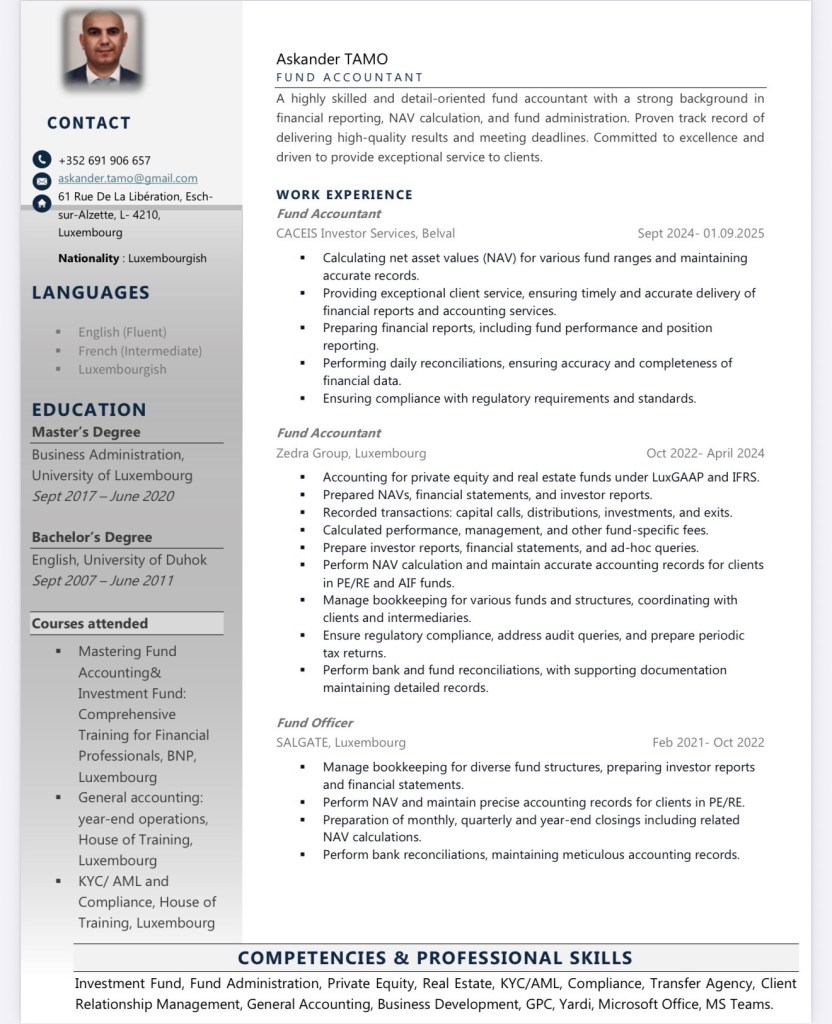 CV d’Askander TAMO /  Fund Administration, Fund Accounting, Transfer Agency, AML / recherche d’emploi au Luxembourg