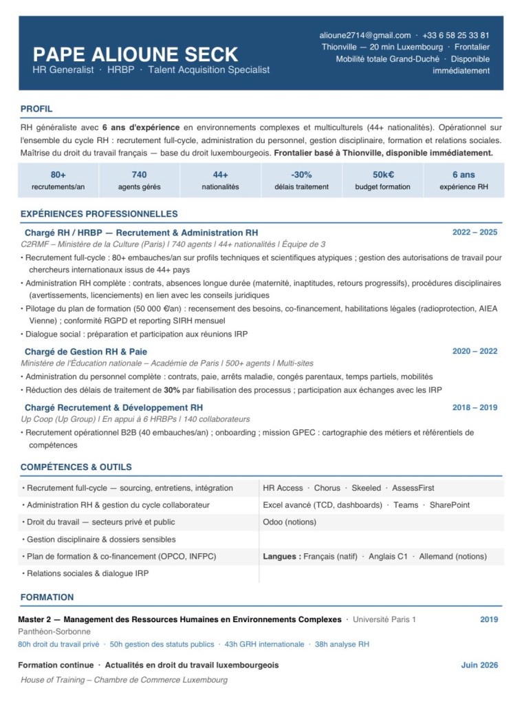 🇫🇷🤝🇱🇺 CV de PAPE ALIOUNE SECK / 6 ans d’expérience RH / recherche d’emploi au Luxembourg