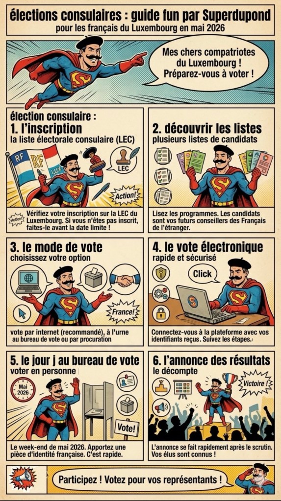 Élections consulaires 2026 : inscription, dates et vote des Français au Luxembourg en BD avec SuperDupond