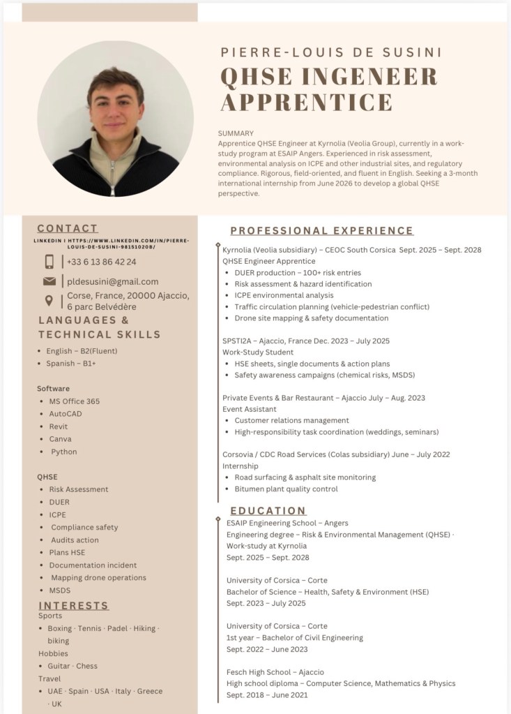 CV de Pierre-Louis DE SUSINI / étudiant en école d'ingénieurs, spécialisé en Management des Risques et de l'Environnement / recherche de stagede 12 à 15 semaines.