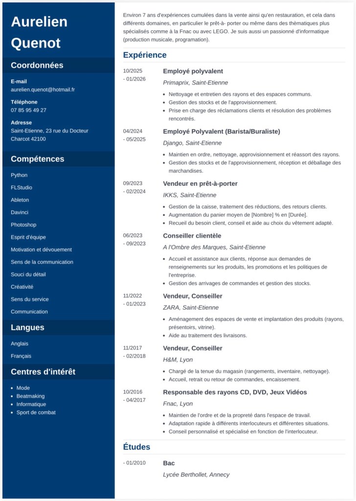 🇫🇷🤝🇱🇺 CV de Aurelien Quenot, employé polyvalent (restauration, commerce, magasin) en recherche au Luxembourg et disponible au 1/06